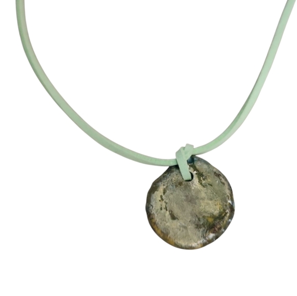 Artisan Air Dry Clay Etched Zig Zag Blue Green Pendant Necklace - Picture 2 of 7